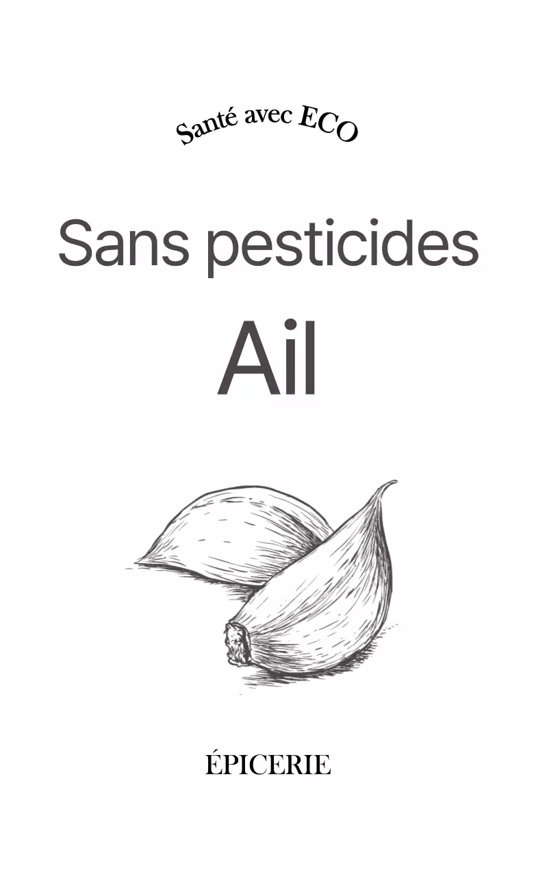 Promouvoir la certification "sans pesticides" avec un texte gris foncé et une illustration d'ail.