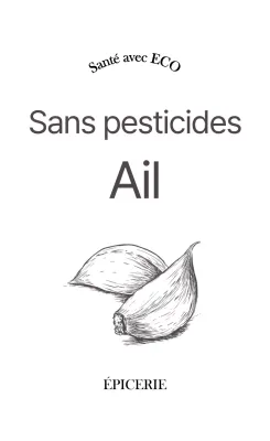 Promouvoir la certification "sans pesticides" avec un texte gris foncé et une illustration d'ail.
