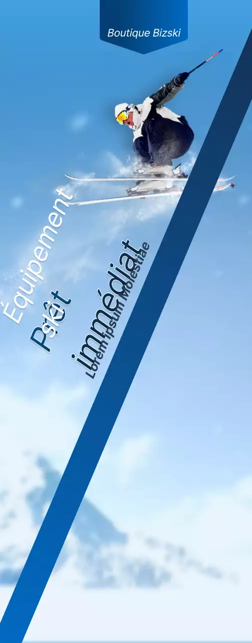 Un magasin de ski avec un concept simple en bleu marine et blanc pour l'information et la promotion du magasin.