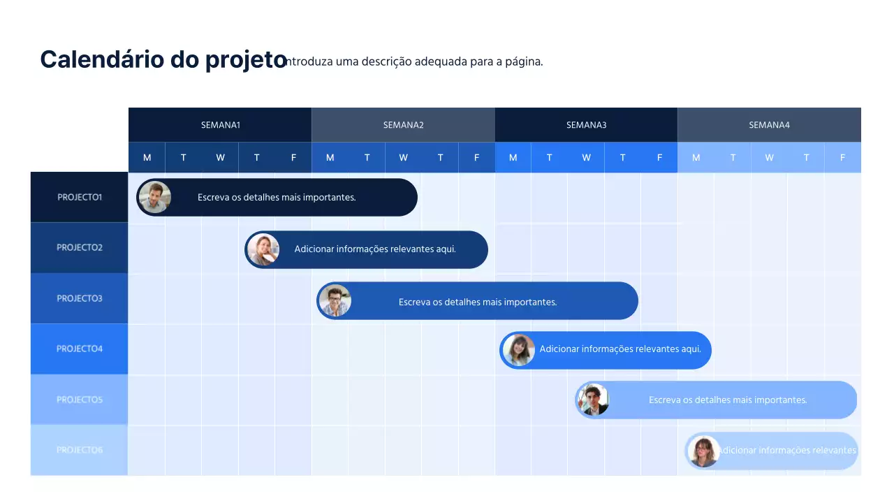 Gráfico de Gantt do calendário do projeto a azul