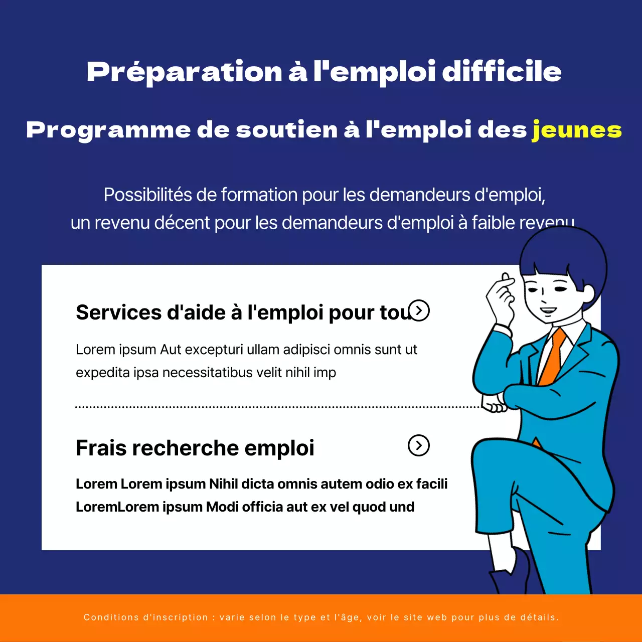 S'inscrire pour recevoir des notifications sur les informations relatives à la politique de soutien à la jeunesse avec des illustrations comiques et ludiques de couleur orange et bleu marine.