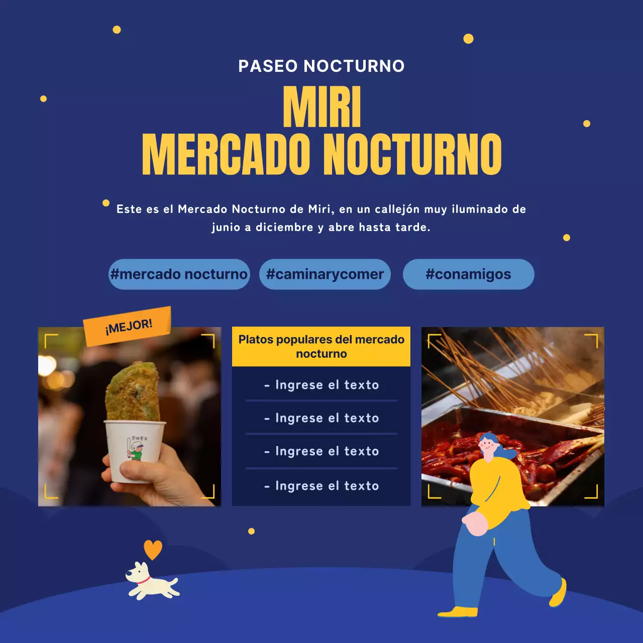 Guía de atracciones nocturnas azul marino y amarillo