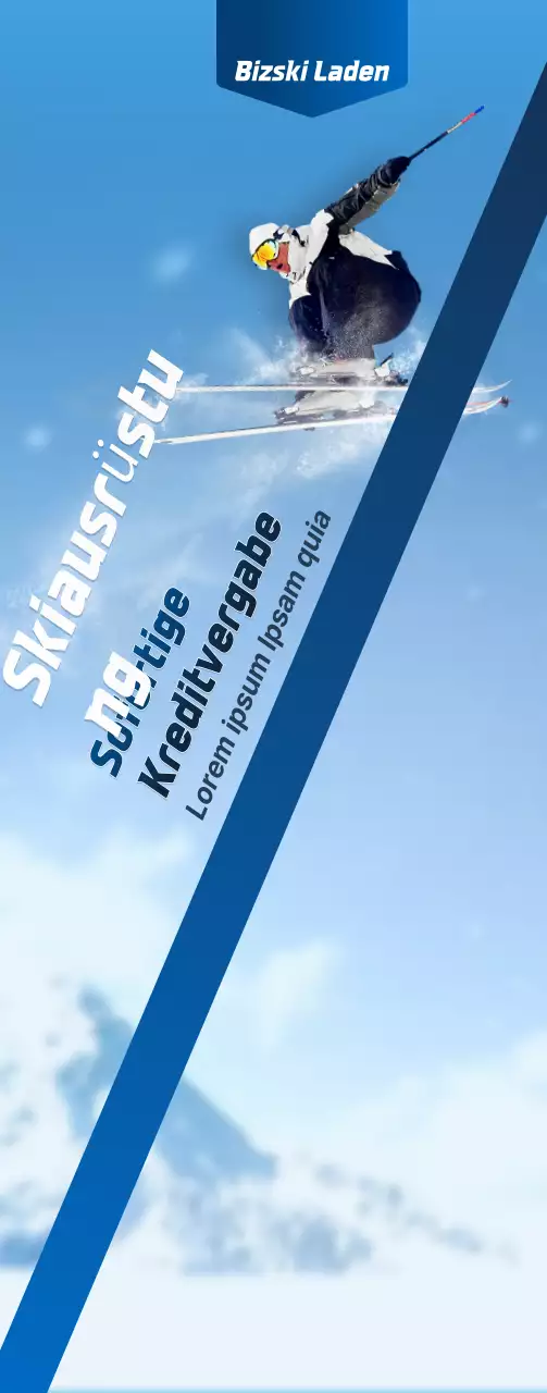 Ein Skigeschäft mit einem einfachen Konzept in Marineblau und Weiß zur Information und Werbung für das Geschäft.