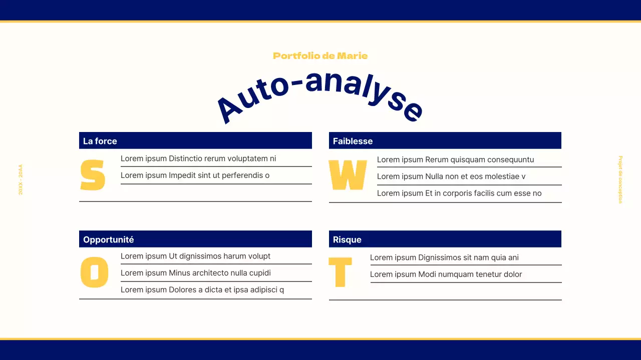 Portfolio de design pour un concept rétro vintage en bleu marine et jaune