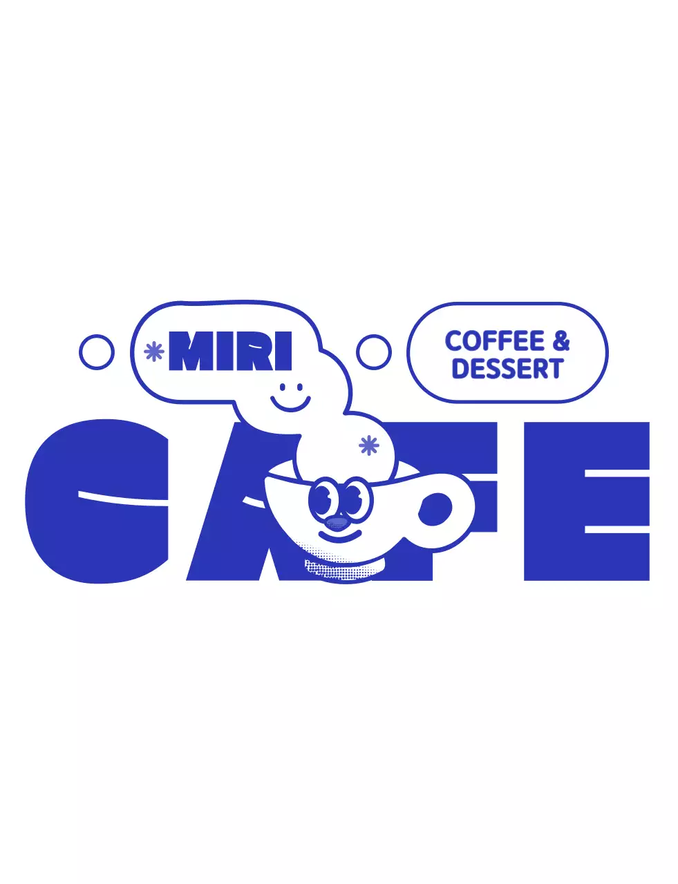 紺色と白色の丸くてかわいいカップのキャラクター喫茶店のロゴスタイル