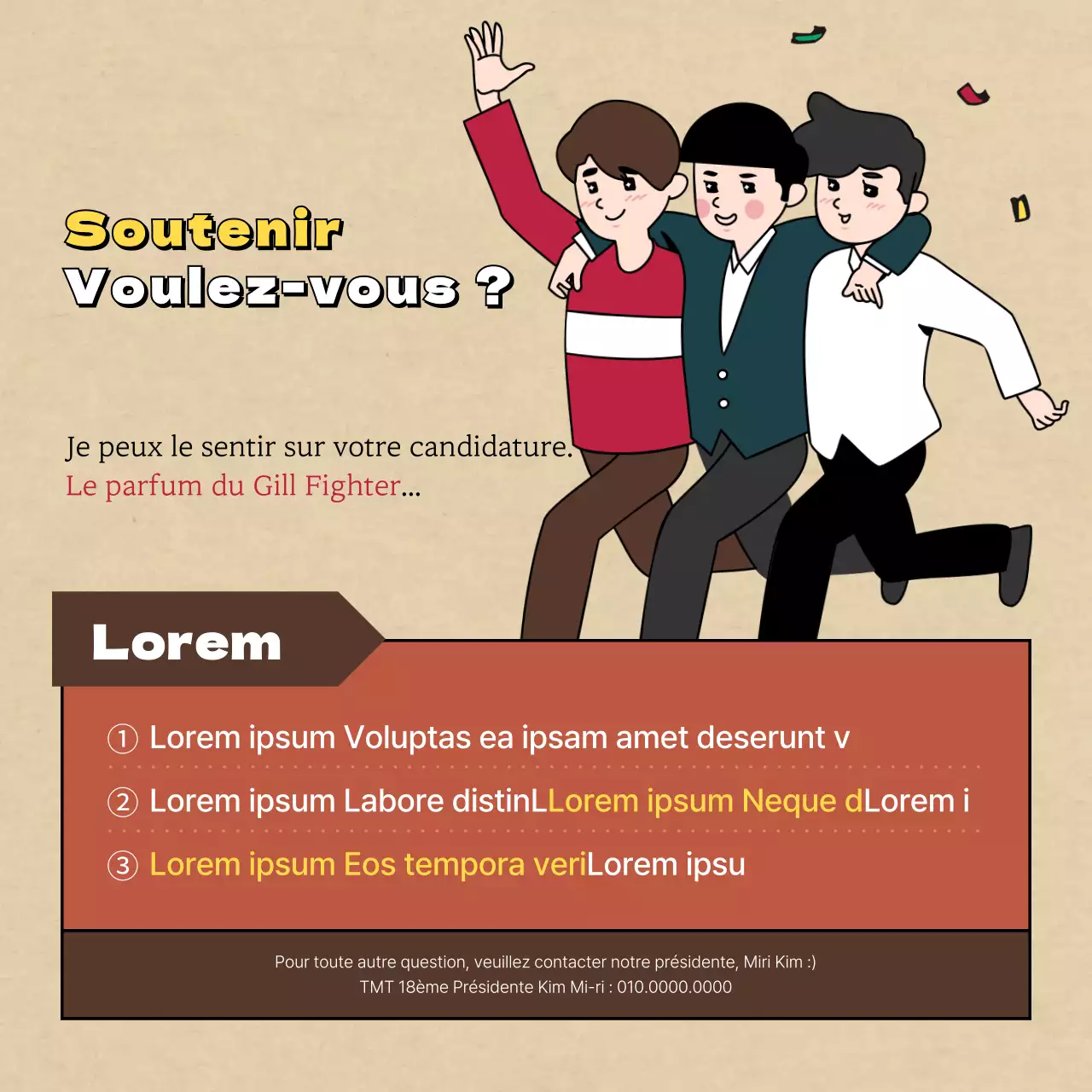 Un appel à candidatures pour un club avec des illustrations rétro, vintage, comiques et sensibles en marron et beige.