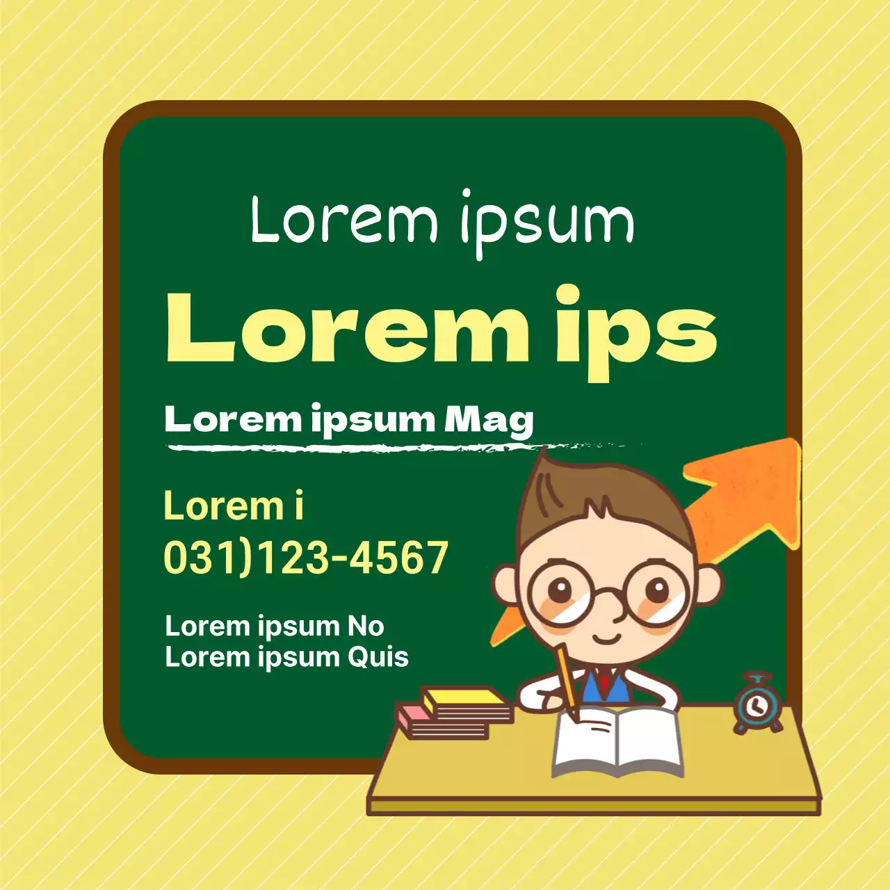 Illustration d'un tableau noir jaune et vert, publicité pour une école mignonne