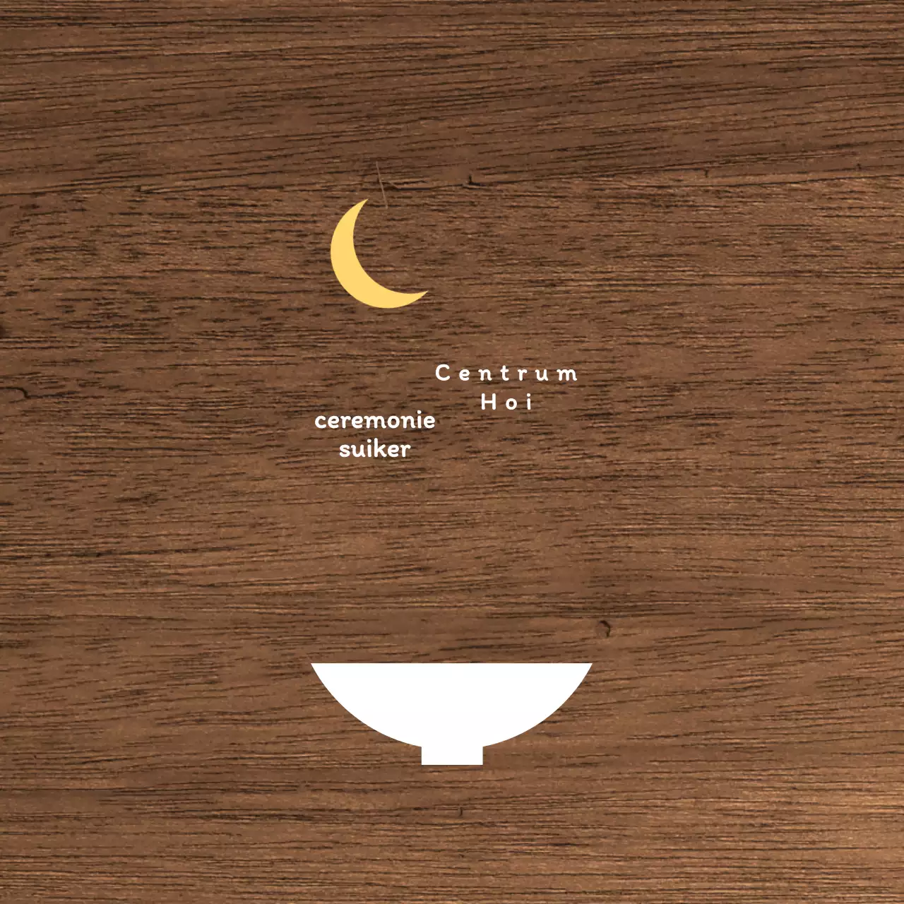 Een eenvoudig bord voor een laat restaurant met witte en gele tekst en een illustratie van een kommaan.