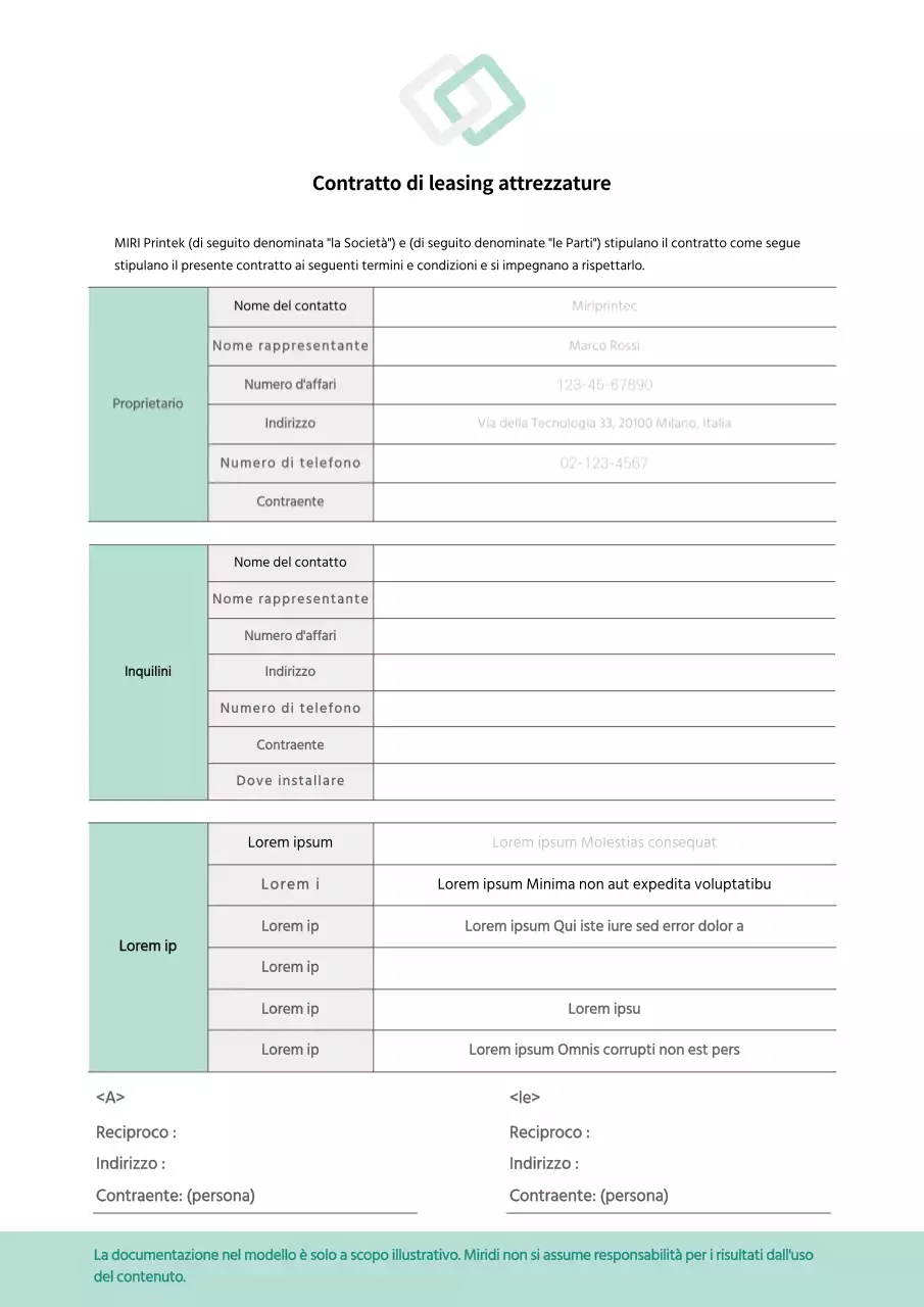 Contratto di locazione di attrezzature contratto di locazione di attrezzature documento commerciale in toni grigio e verde