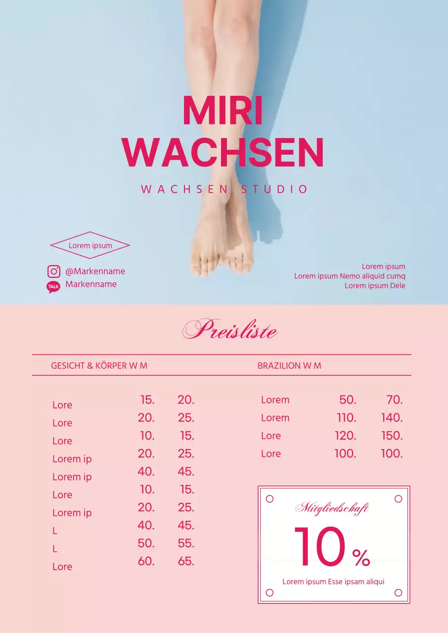 Sauberes Waxing-Shop-Menü mit rosa Foto-Hervorhebung