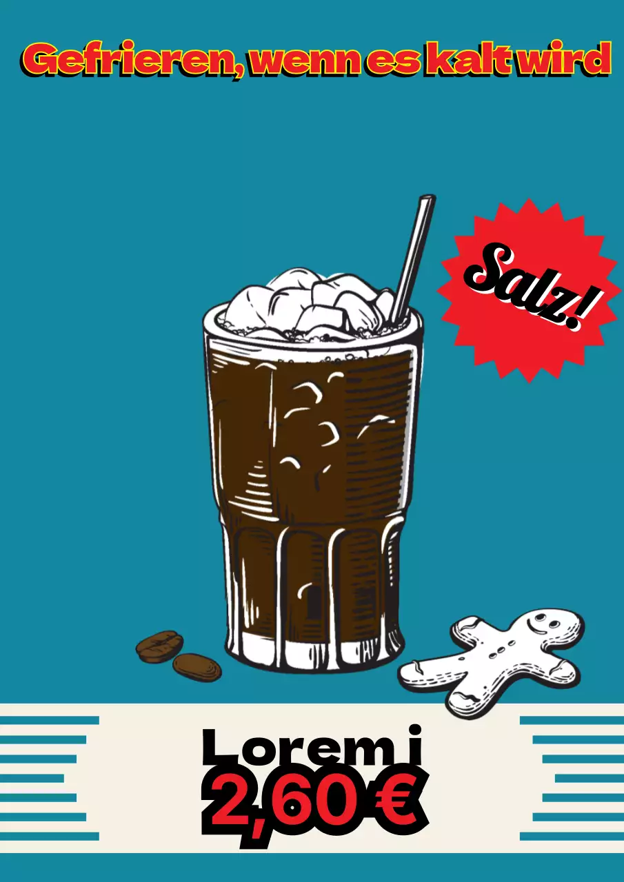 Werbung für ein Retro-Café-Menü mit blauen und roten Kaffee-Illustrationen