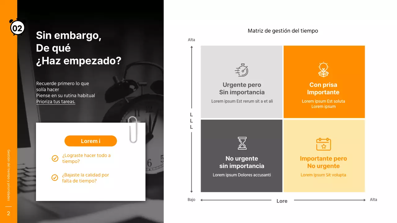 Tema del taller de gestión del tiempo en naranja