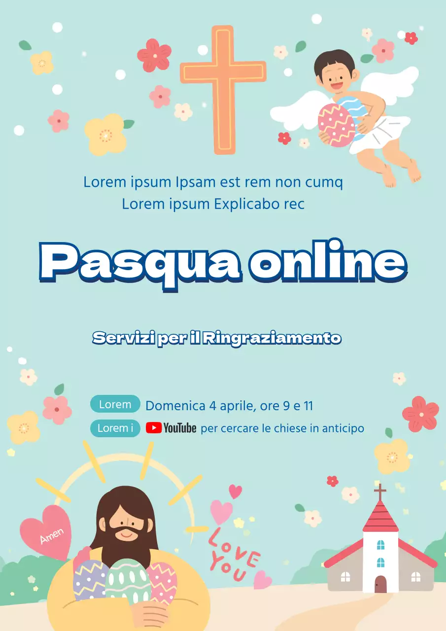 Illustrazione blu carino chiesa Pasqua annuncio servizio online