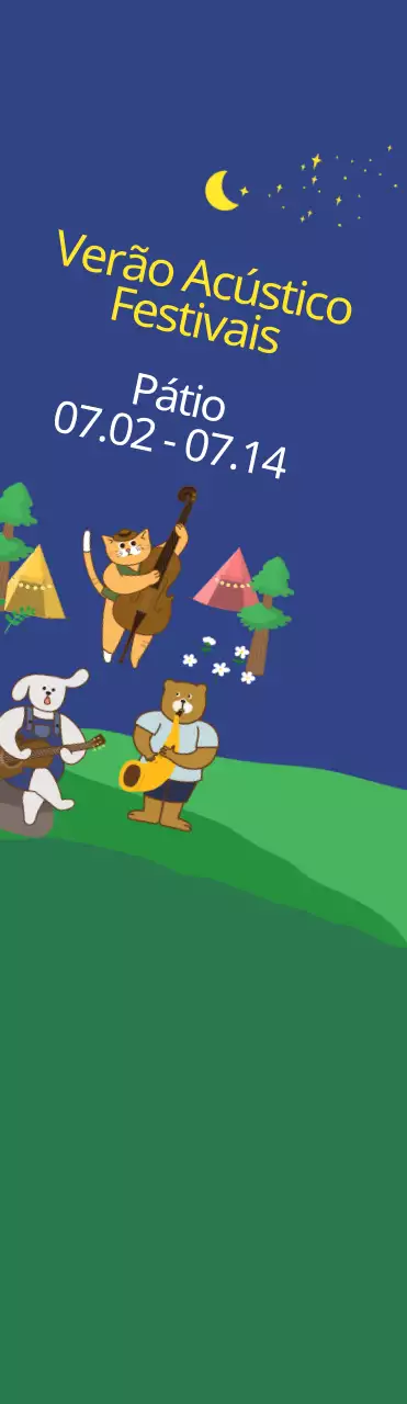 Ilustração gira em azul-marinho escuro e amarelo para informação e promoção de festivais acústicos de verão