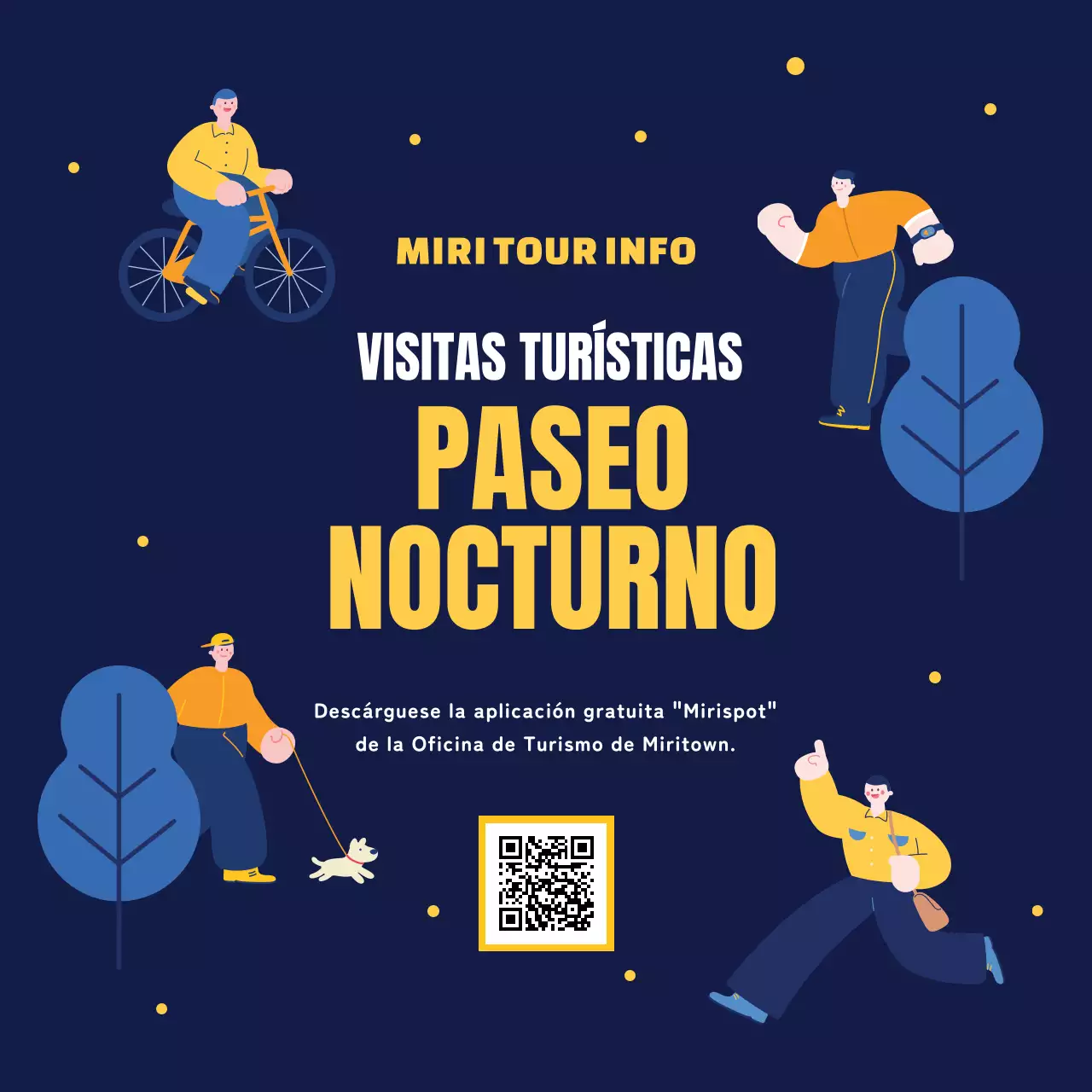 Guía de atracciones nocturnas azul marino y amarillo