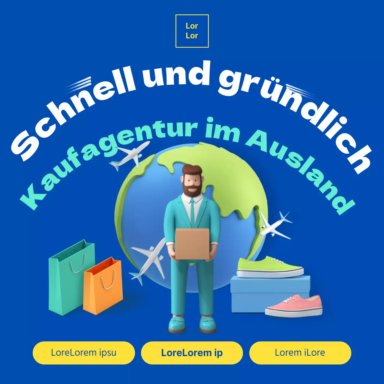 Werbung für eine Einkaufsagentur in Übersee in blauer Farbe