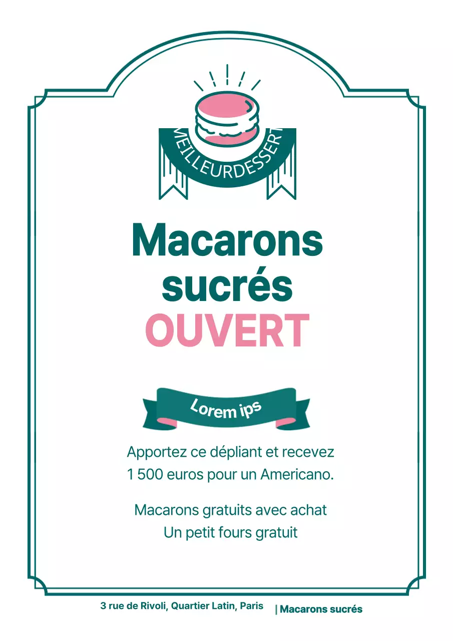 Flyer pour l'ouverture d'un café de macarons en vert et rose