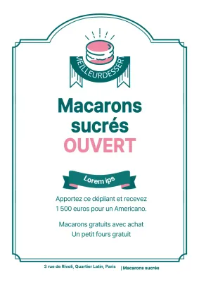 Flyer pour l'ouverture d'un café de macarons en vert et rose
