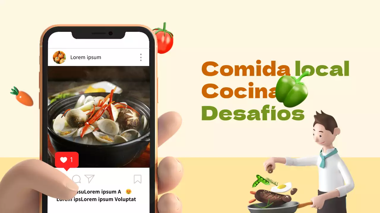 Tema de cocina local de concepto limpio con gráficos en 3D de color caqui anaranjado e imágenes fotorrealistas.