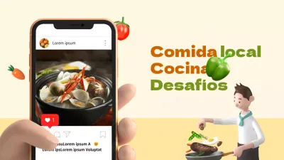 Tema de cocina local de concepto limpio con gráficos en 3D de color caqui anaranjado e imágenes fotorrealistas.