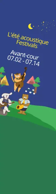 Illustration mignonne en bleu marine foncé et jaune pour l'information et la promotion des festivals acoustiques d'été.