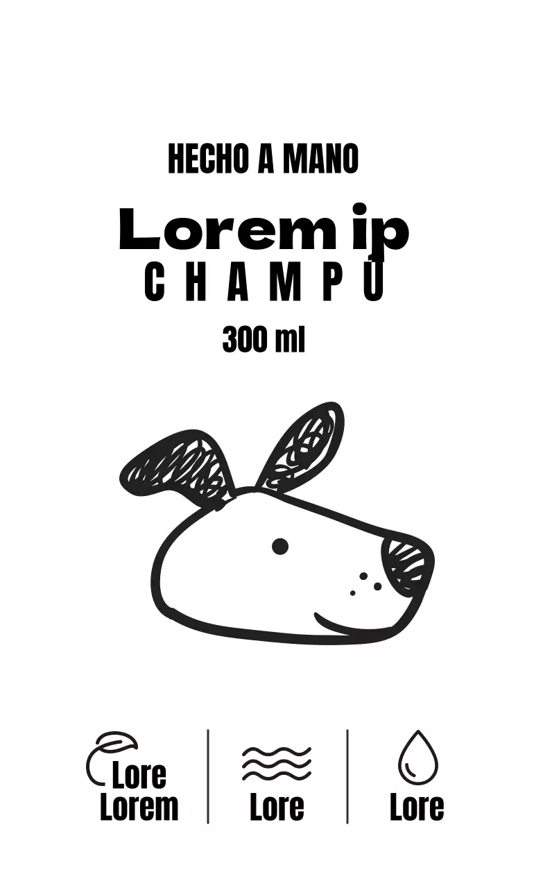 Etiqueta de champú ilustrada en blanco y negro