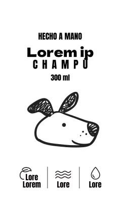 Etiqueta de champú ilustrada en blanco y negro