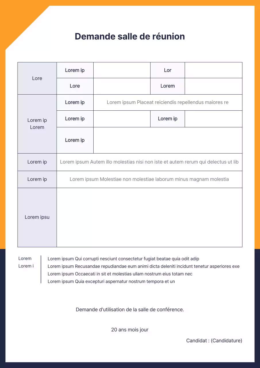 Demande d'utilisation d'une salle de réunion d'entreprise en orange-marine