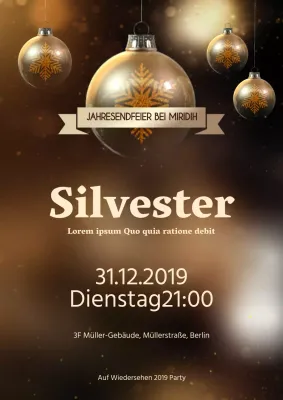 Ein Flugblatt für eine glamouröse Firmenfeier zum Jahresende in goldenen Tönen.