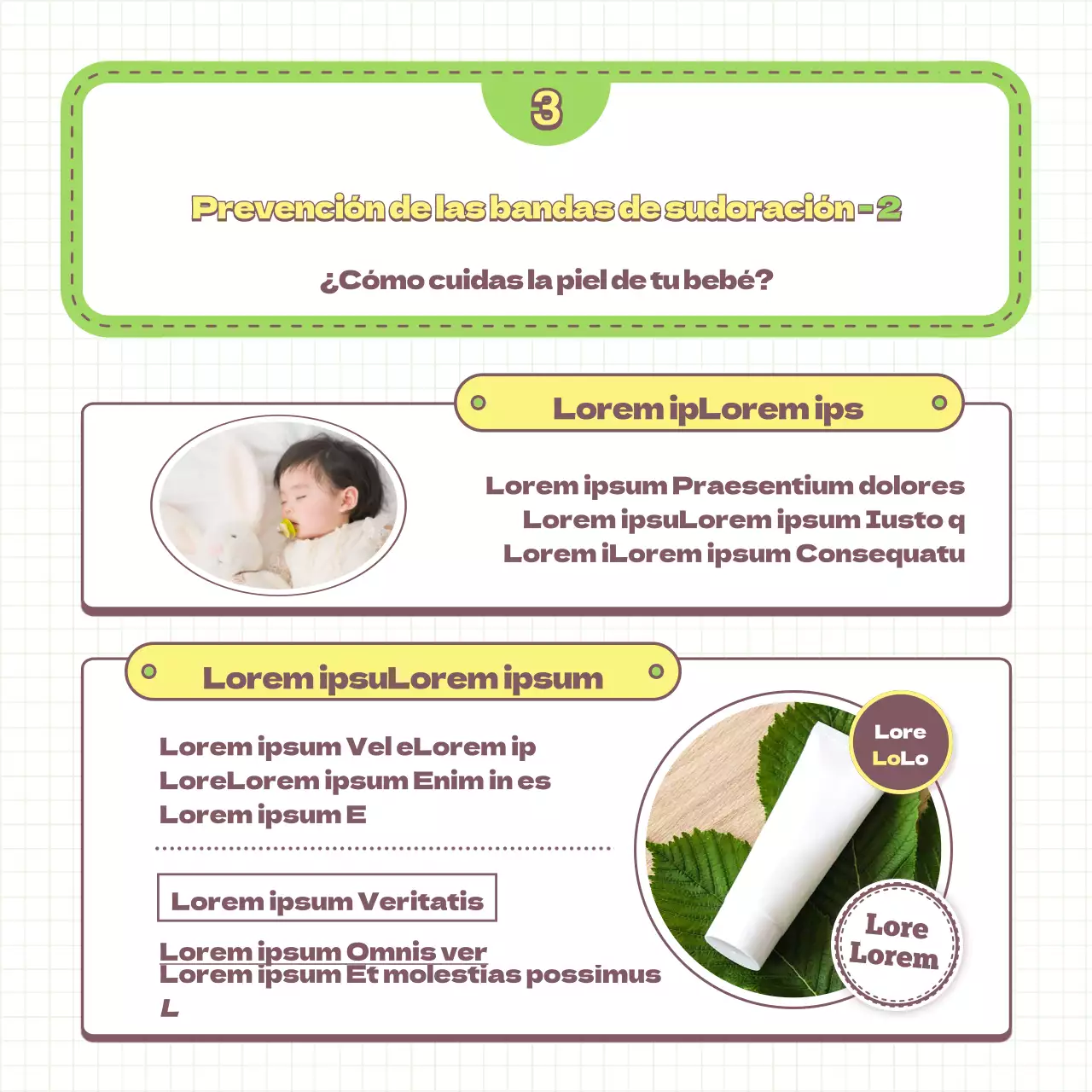 Consejos para prevenir las rozaduras del bebé y recomendaciones sobre artículos de puericultura, ilustrados en verde claro y amarillo.