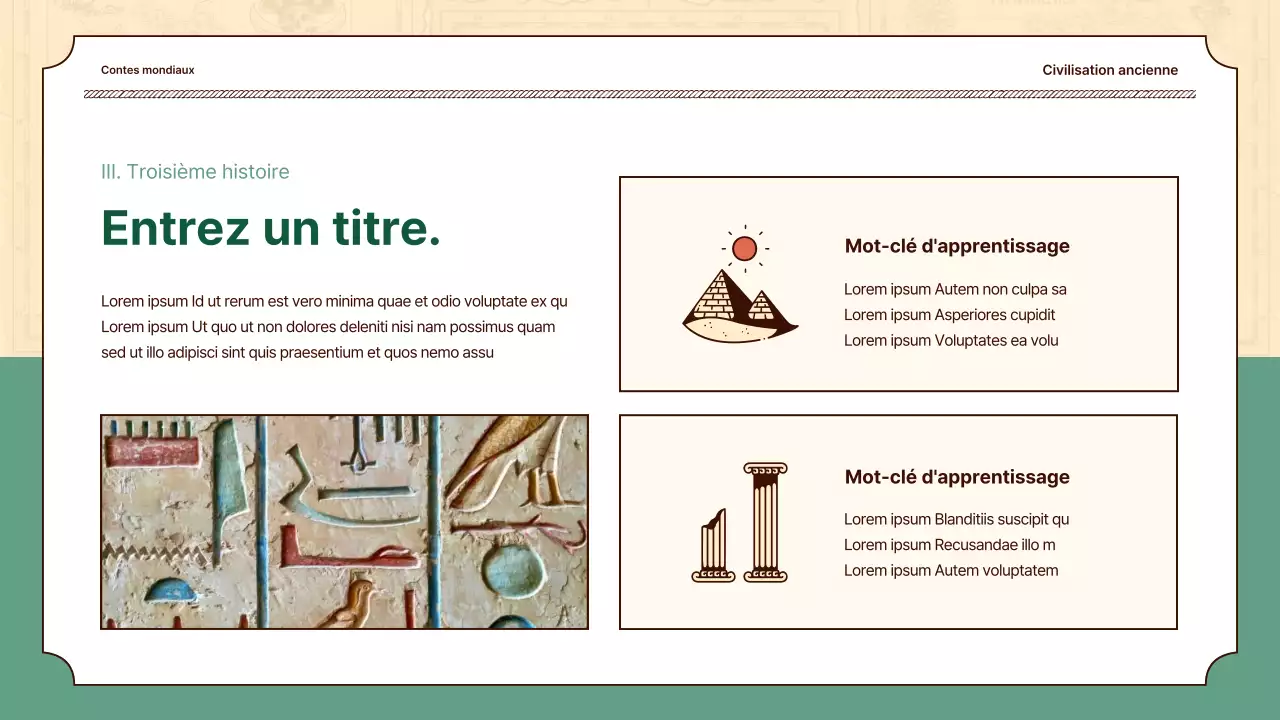 Des illustrations historiques en beige et en vert mettent en valeur les leçons d'histoire du monde.