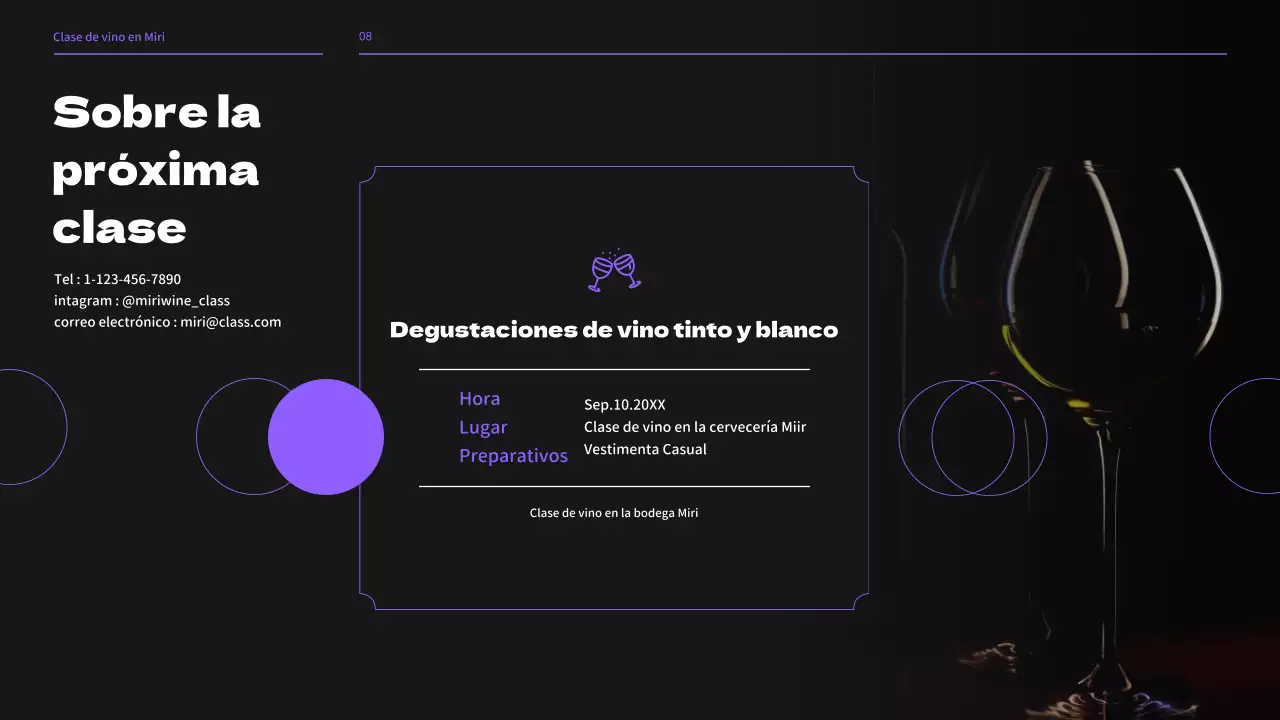 Seminario de clases de vinicultura en tonos negros y morados