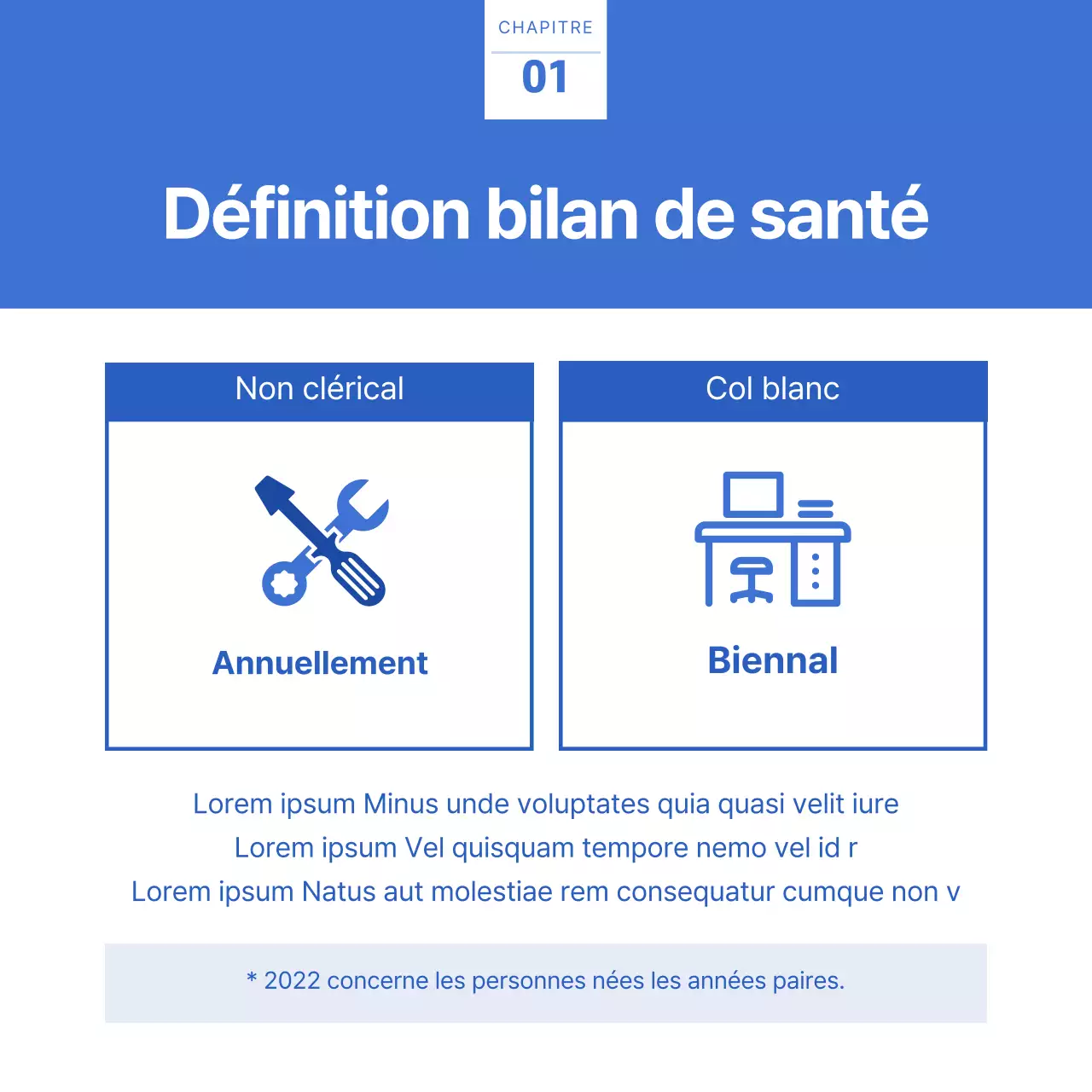 Carte-guide bleue et blanche pour le bilan de santé préalable à l'embaucheNews Design