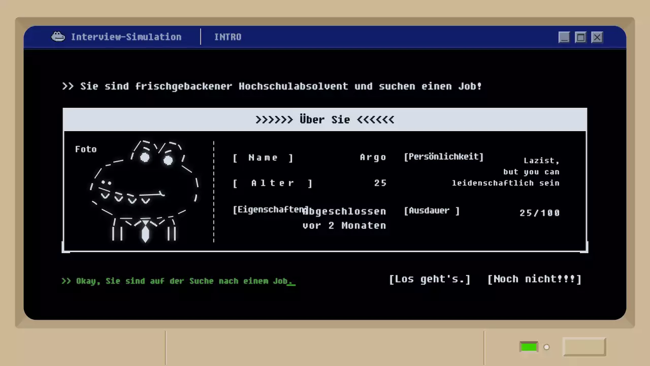 Simulation eines Vorstellungsgesprächs mit einem schwarzen Retro-Schlamm-Spielkonzept