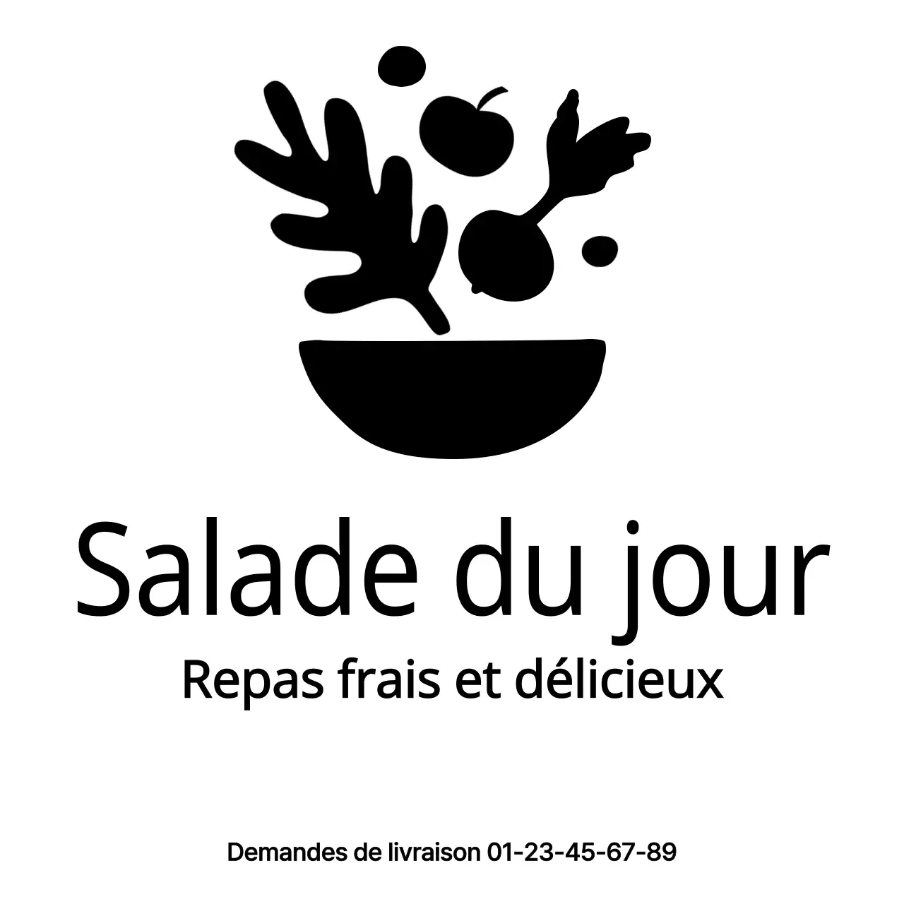 Conception d'un magasin de salades avec des illustrations noires simples de légumes et de fruits