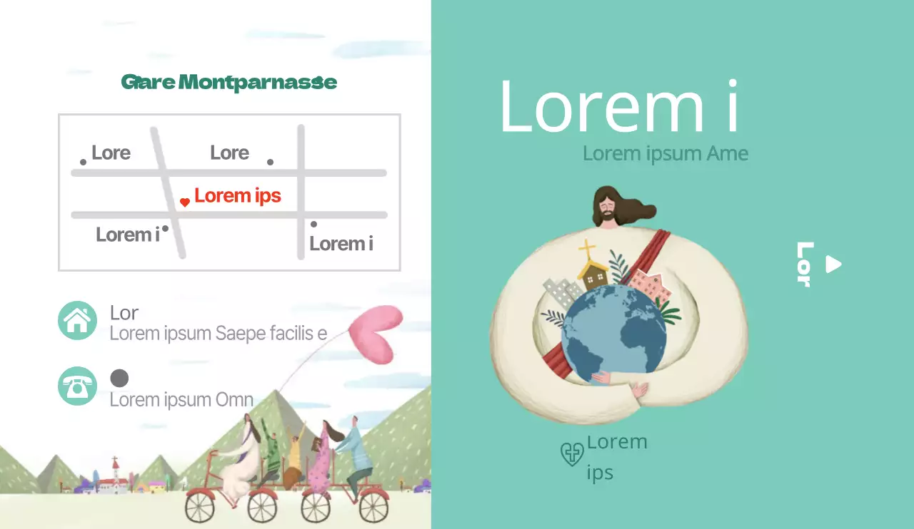 Concept émotionnel illustré en blanc et menthe avec des informations sur l'église et les directions à suivre