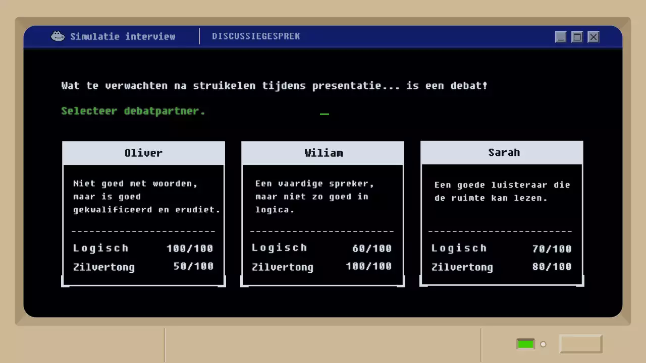 Simulatie sollicitatiegesprek met zwart retro moddergameconcept