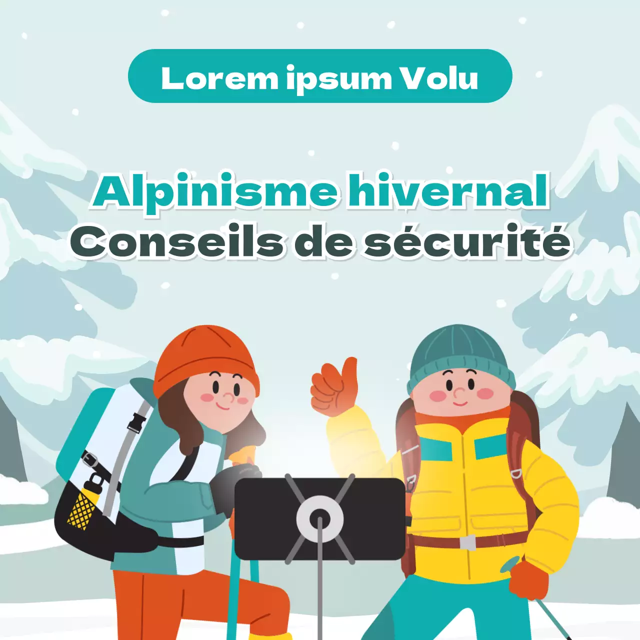 Illustrations mignonnes en bleu clair et vert Conseils de sécurité en montagne pour l'hiver