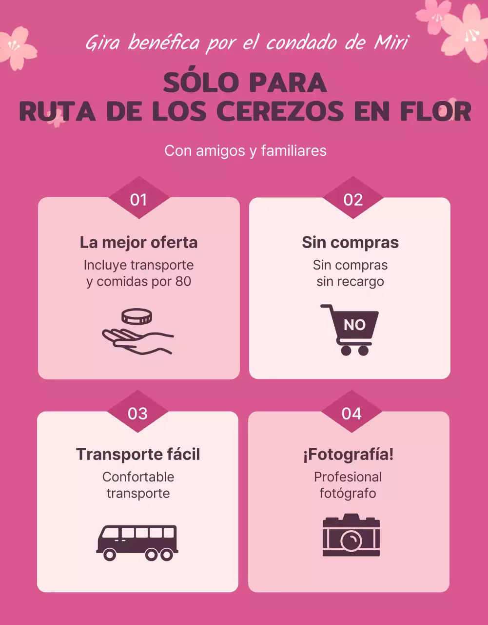 Bonitas ilustraciones de cerezos en flor en rosa pastel para promocionar el viaje