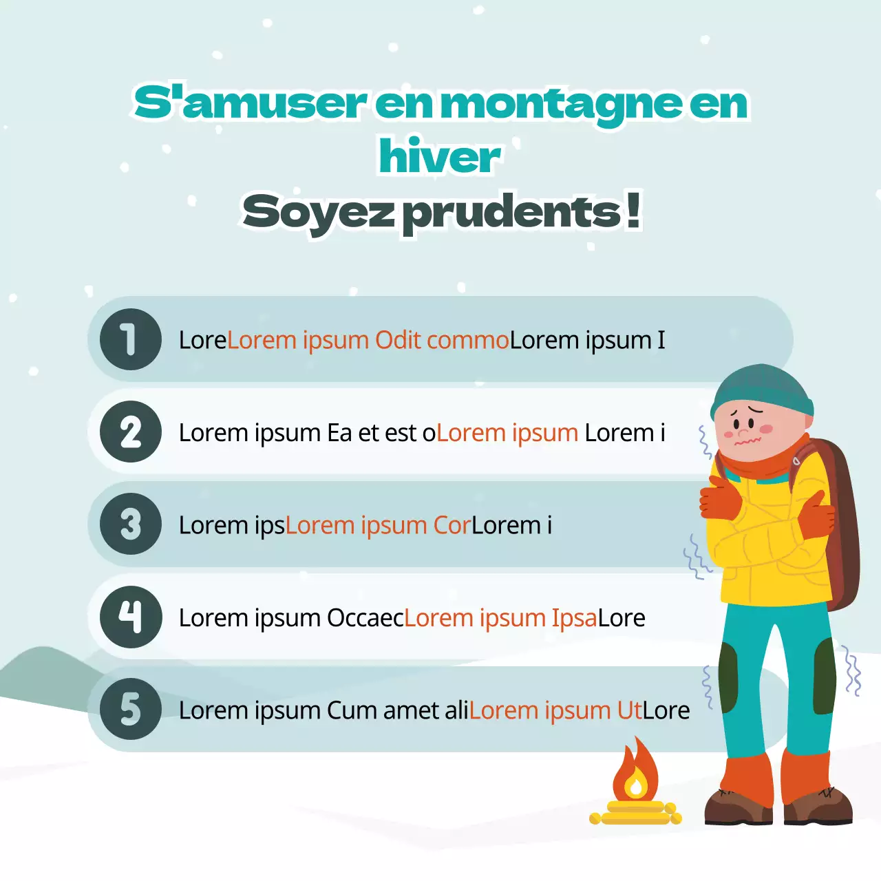 Illustrations mignonnes en bleu clair et vert Conseils de sécurité en montagne pour l'hiver