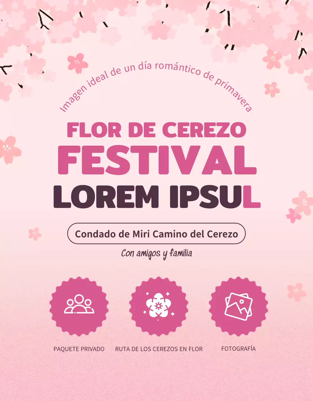 Bonitas ilustraciones de cerezos en flor en rosa pastel para promocionar el viaje