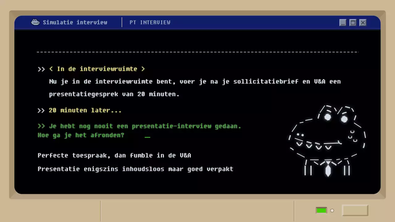 Simulatie sollicitatiegesprek met zwart retro moddergameconcept