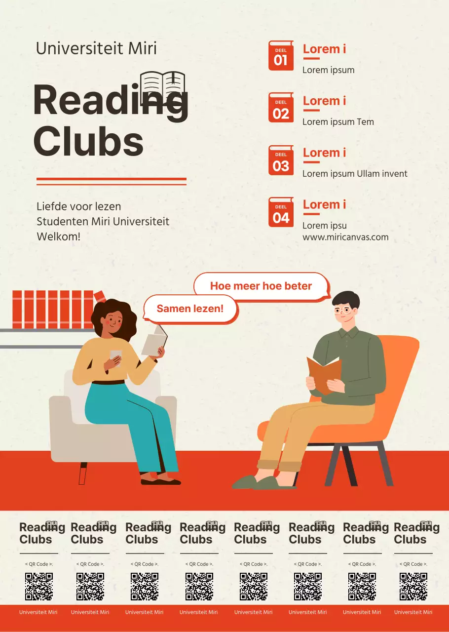 Strakke stijl in oranje en bruin voor werving en promotie van leesclubs aan universiteiten