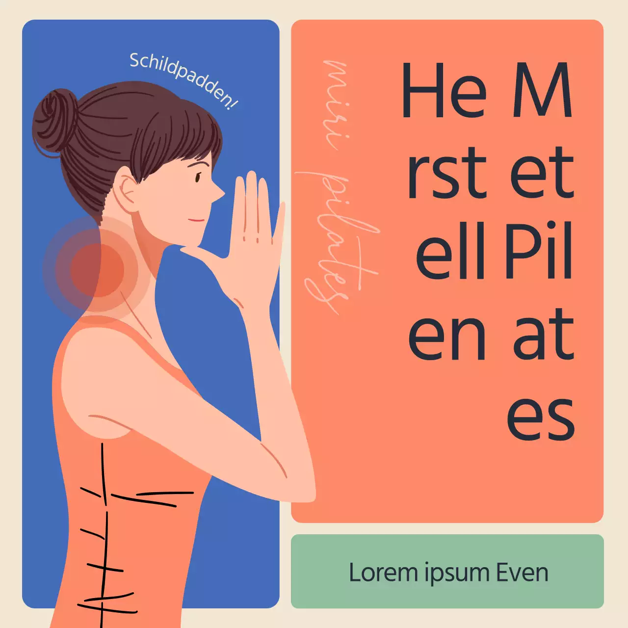 Schildpadhals Pilates Revalidatie Informatie in Blauw en Oranje