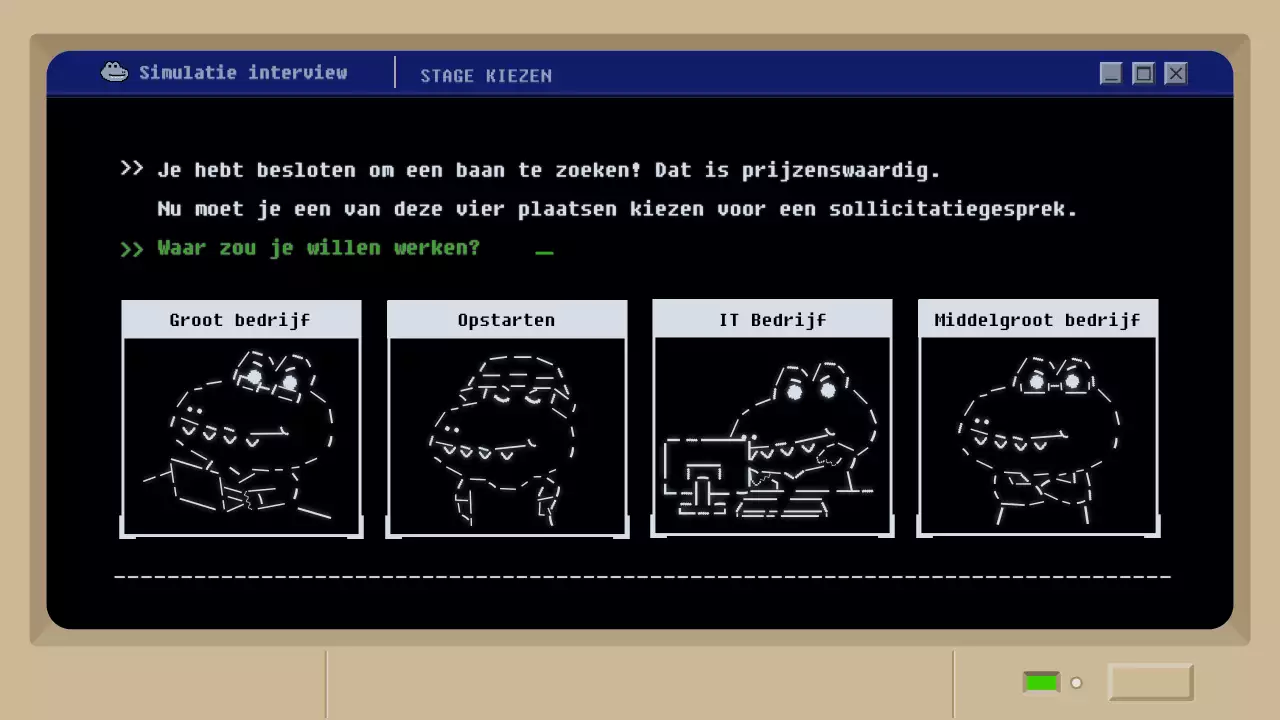 Simulatie sollicitatiegesprek met zwart retro moddergameconcept