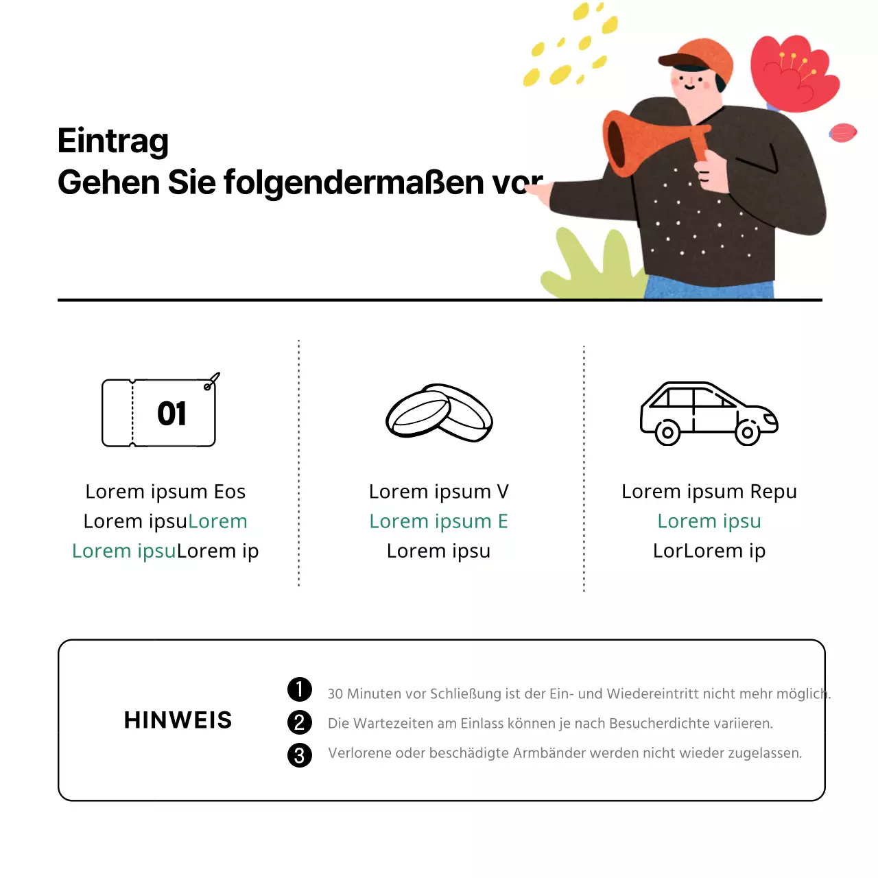 Einfache und niedliche Illustrationen in Weiß und Schwarz Ausstellungen Aufführungen Komplexe Einrichtungen Informationen Nebelführer