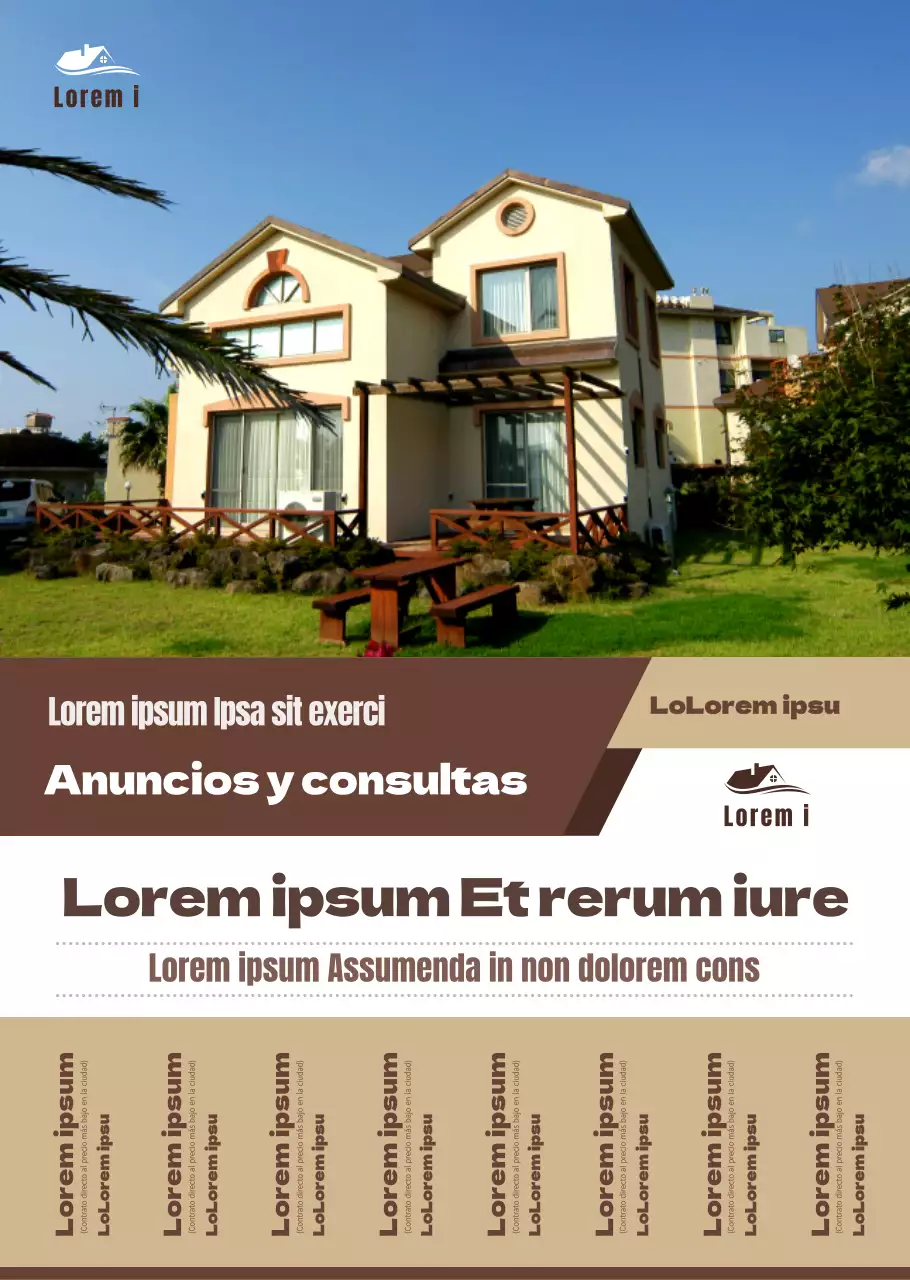 Un estilo sencillo en amarillo y marrón para anunciar y promocionar anuncios inmobiliarios y solicitudes de información.