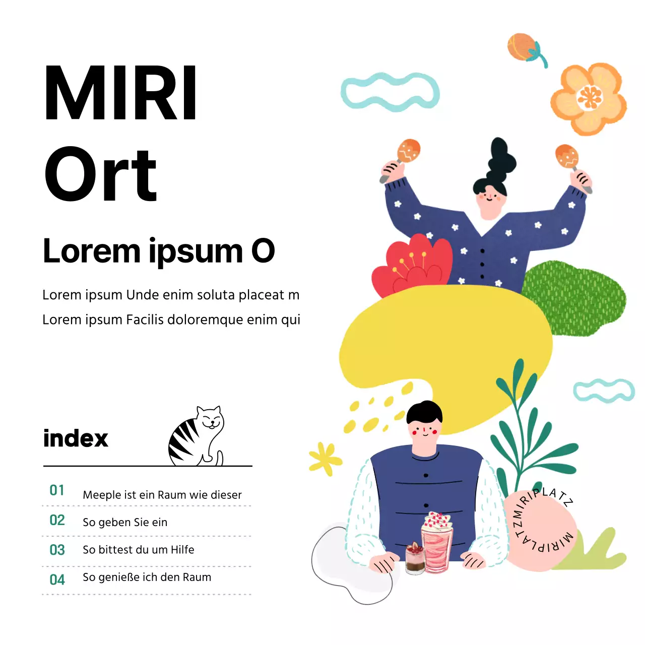 Einfache und niedliche Illustrationen in Weiß und Schwarz Ausstellungen Aufführungen Komplexe Einrichtungen Informationen Nebelführer