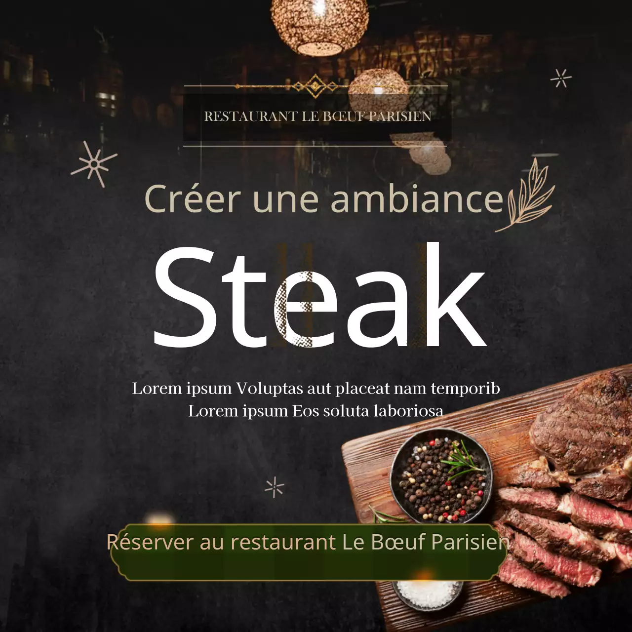 Réserver un restaurant de steak festif en noir et blanc