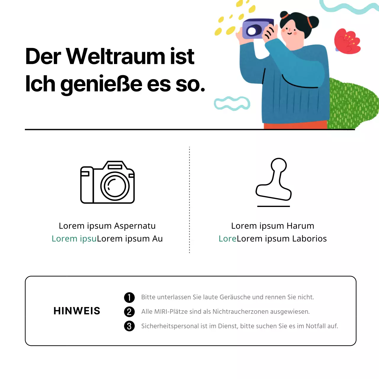 Einfache und niedliche Illustrationen in Weiß und Schwarz Ausstellungen Aufführungen Komplexe Einrichtungen Informationen Nebelführer